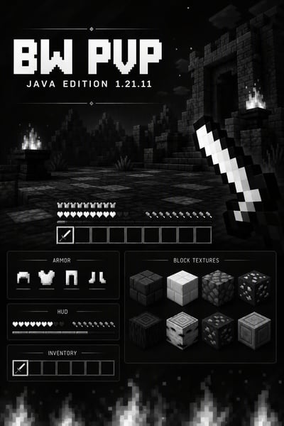 Black-and-white BW PVP poster with a fortress courtyard, pixel sword, compact HUD, armor icons, inventory, and block-texture panels