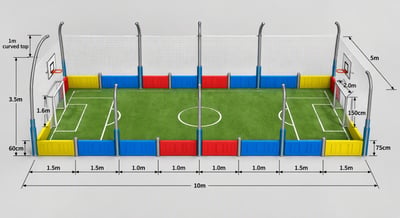 Isometric 3D render of a 10m by 5m kids sports pitch with green turf, mini goals, basketball hoops, netting, and size labels