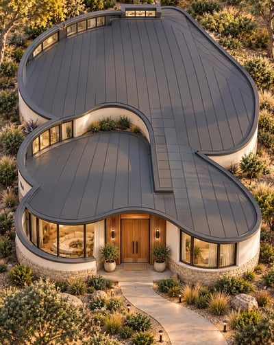 Curved organic-modern house with a charcoal standing-seam roof, warm-white walls, stone base, cedar entry, and low planting