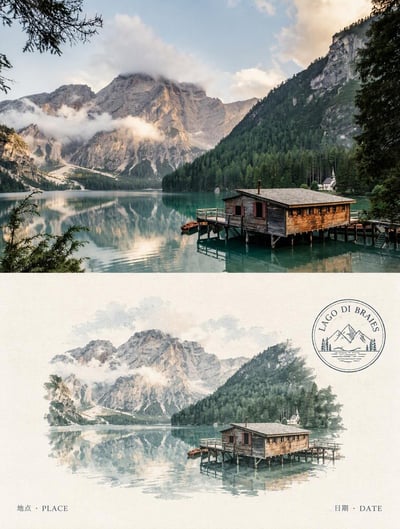 Lago di Braies travel card with a mountain-lake photo above a small watercolor scene, ivory paper, and a circular postmark