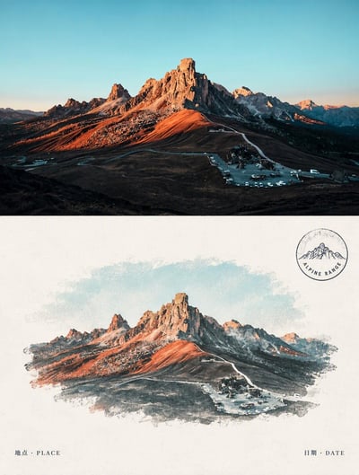 Alpine travel card with red-orange mountain peaks and turquoise sky above a muted watercolor scene and an ALPINE RANGE postmark