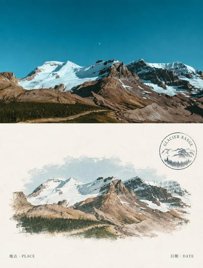 Glacier-mountain travel card with a snowy ridge photo, muted watercolor scene, ivory paper, and a GLACIER RANGE postmark
