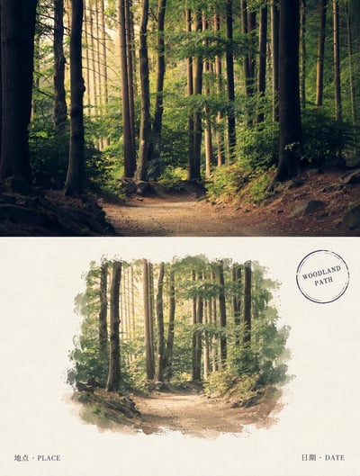 Woodland travel card with a sunlit forest-path photo above a small watercolor scene, ivory paper, and a WOODLAND PATH postmark