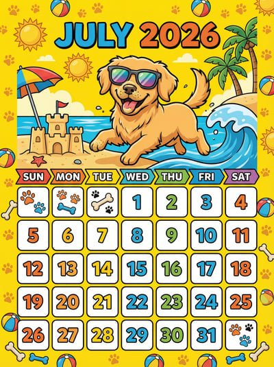 July 2026 calendar page with happy surfing dog, beach icons, yellow background, and playful date grid.