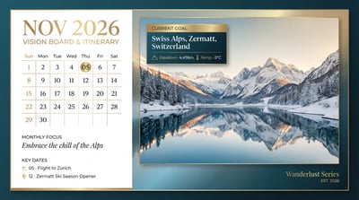 November 2026 travel vision board calendar with alpine mountain lake photo, itinerary notes, and a clean monthly date grid.