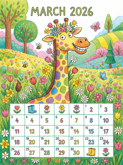 March 2026 calendar page with a smiling giraffe, colorful flowers, rolling hills, and a playful illustrated date grid.
