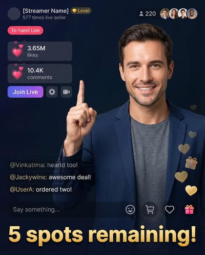 Live shopping stream overlay showing a smiling host, chat messages, viewer counters, reaction icons, and large text reading 5 spots remaining.