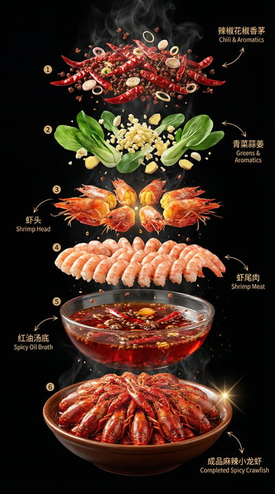 Chinese food poster with spicy crawfish, floating vegetables and seasonings, black background, and annotated ingredient labels above a bowl.