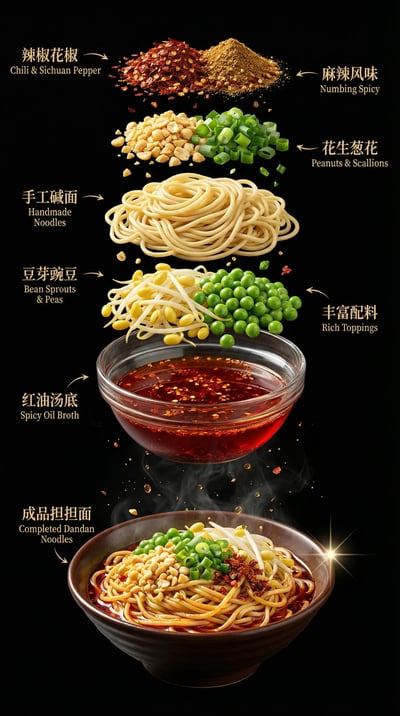 Chinese Sichuan noodle poster with floating ingredients stacked above a noodle bowl on a black background with gold accents.