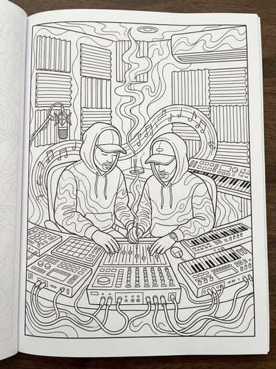 Black-and-white line art of hip hop producers in a recording studio around a mixing desk and music equipment.