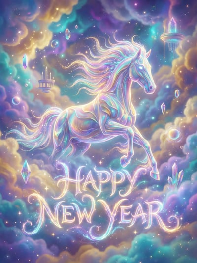 Dreamlike Happy New Year greeting with glowing surreal horse, pastel clouds, and magical light.