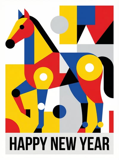 Bauhaus-style Happy New Year greeting with geometric horse illustration and primary color blocks.