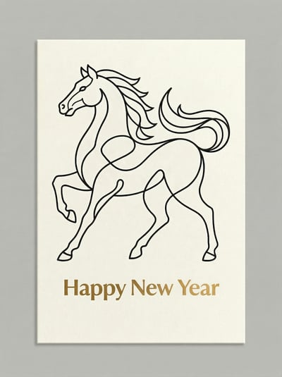 Minimal Happy New Year greeting card with line art horse illustration and gold text on cream background.