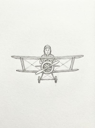 Minimal pencil sketch of a vintage biplane viewed from the front on textured paper.