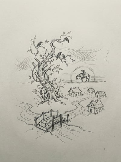 Minimal pencil sketch of a fantasy landscape with twisted tree, small house, and winding path.