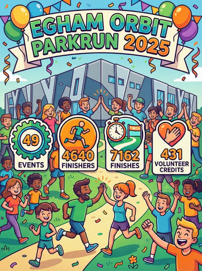 Colorful community park run event poster with runners, map-style background, icons, and cheerful fitness theme.