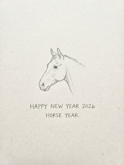 Minimal pencil sketch greeting card with horse head drawing and Happy New Year 2026 Horse Year text.