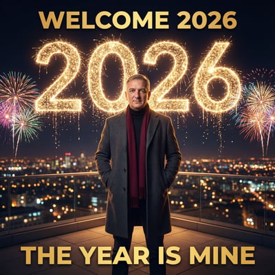 Welcome 2026 New Year poster with glowing fireworks, city lights, and confident figure.