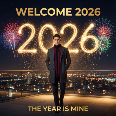 New Year 2026 rooftop poster with stylish man, glowing fireworks, city skyline, and welcome message.