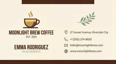 Moonlight Brew Coffee business card front with cup logo, contact details, brown accents, and minimalist layout.