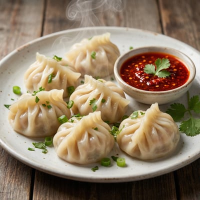 Steamed dumplings on a plate with red dipping sauce, chopped herbs, and rustic wood table.