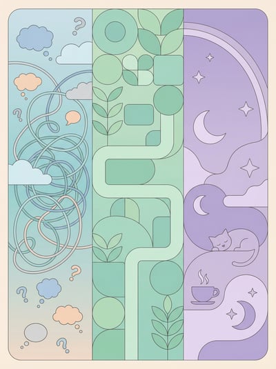 Vertical pastel maze poster background with day and night panels, crescent moon, clouds, and soft botanical shapes.