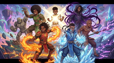Fantasy anime group of six heroes using elemental powers with fire, ice, lightning, and magical energy.