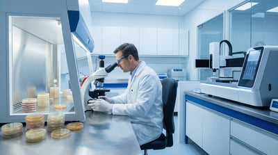 Researcher working with petri dishes at a microbiology laboratory workstation under bright clinical lighting.