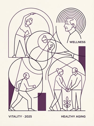 Healthy aging wellness poster with abstract line art figures, arched shapes, and muted purple accents.
