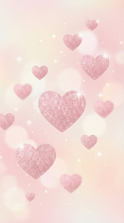 Vertical pastel phone wallpaper with floating pink hearts, sparkles, and soft romantic gradient background.
