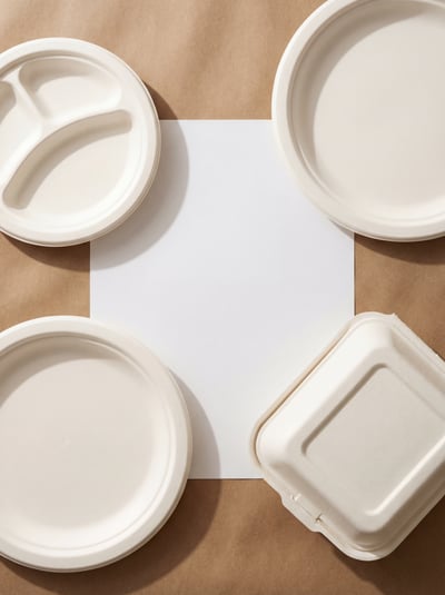 Minimal takeout packaging mockup with blank plates, bowls, and food containers on a neutral tabletop.