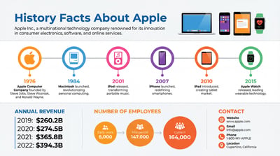 Apple history facts timeline infographic with product icons, milestone years, revenue stats, and blue corporate layout.