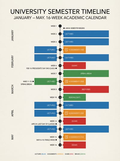 University semester timeline infographic with color-coded academic weeks, deadlines, and event milestones.
