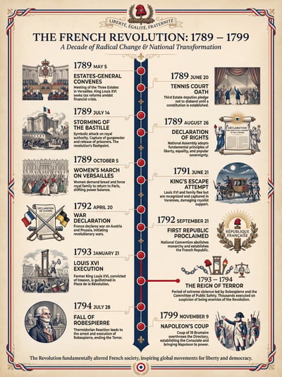 French Revolution timeline infographic with historical dates, illustrated events, portraits, and antique paper texture.
