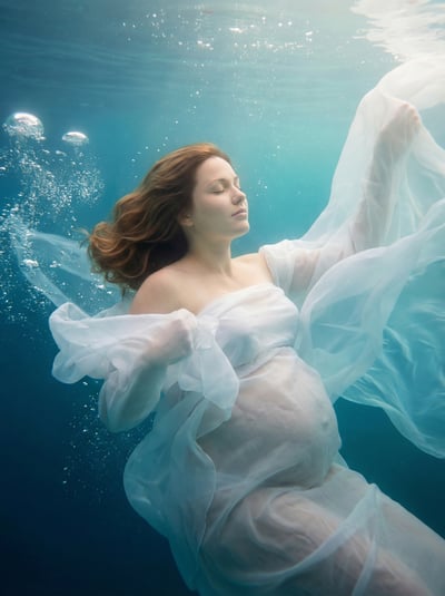 Underwater maternity portrait of a pregnant woman floating in white fabric with blue light and bubbles.
