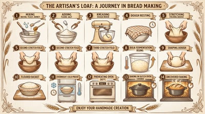 Artisan bread baking process infographic with illustrated mixing, kneading, proofing, shaping, baking, and loaf steps.