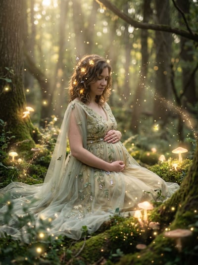 Pregnant woman in flowing dress standing in a glowing forest with fairytale light and flowers.