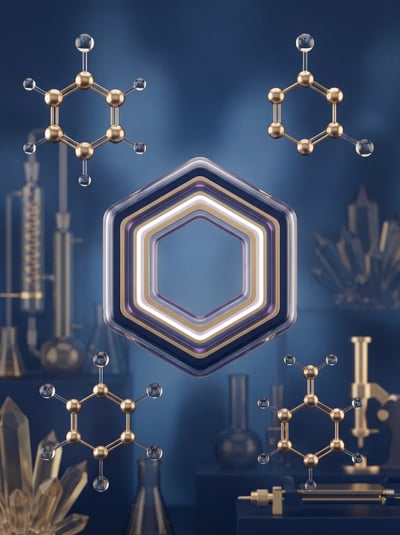Dark molecular science poster background with glowing hexagon frame, chemistry structures, and lab glassware silhouettes.