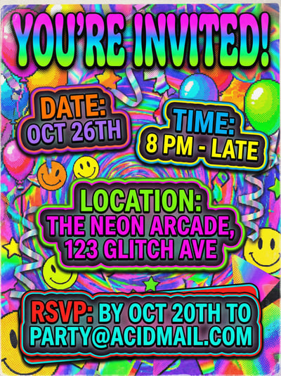 Colorful neon glitch party invitation flyer with date, time, location, RSVP details, and graffiti-style background.