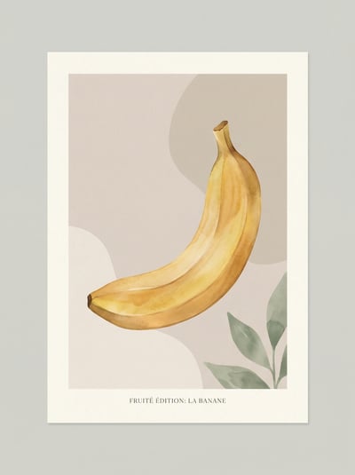 Minimalist banana illustration print with beige background shapes, leafy accents, and clean white border.