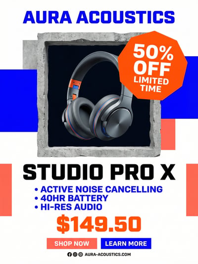 Aura Acoustics headphones promotion flyer with product image, 50 percent discount badge, price, and feature bullets.