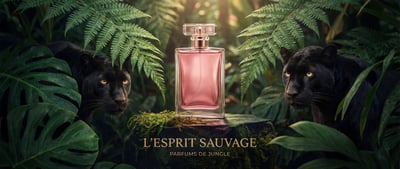 Luxury perfume advertisement with pink bottle, jungle leaves, black panthers, and dramatic premium lighting.
