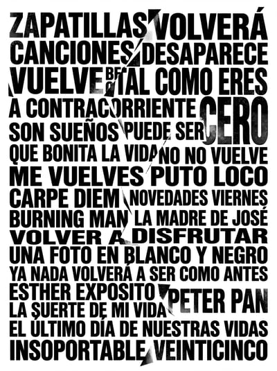 Bold black-and-white Spanish text poster with dense uppercase words stacked in a compact typographic layout.