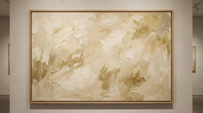 Framed soft abstract oil painting wall art with cream and gold brush textures in a minimal interior.