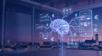 Futuristic fintech banner with holographic AI brain, finance charts, dashboard panels, and night city skyline.