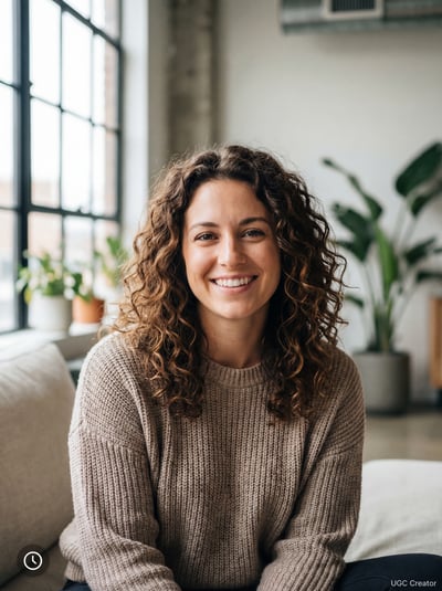 Smiling woman in a neutral sweater photographed in a bright room with soft natural window light.