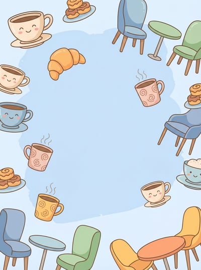Flat coffee shop pattern background with illustrated coffee cups, croissants, mugs, chairs, and pastry icons.