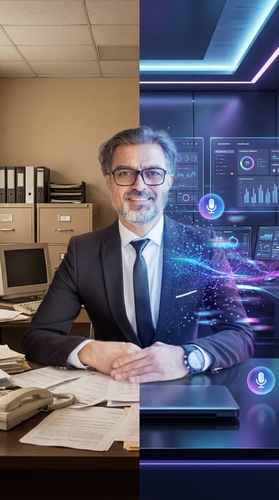 Split-screen image of a business professional in a traditional office on one side and a futuristic AI workspace on the other.