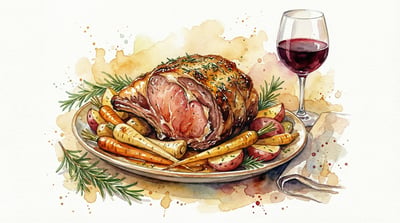 Watercolor illustration of a festive roast dinner platter with vegetables, herbs, and a glass of red wine.