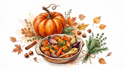 Watercolor illustration of pumpkin, roasted vegetables, herbs, cinnamon sticks, and autumn leaves arranged on a white background.